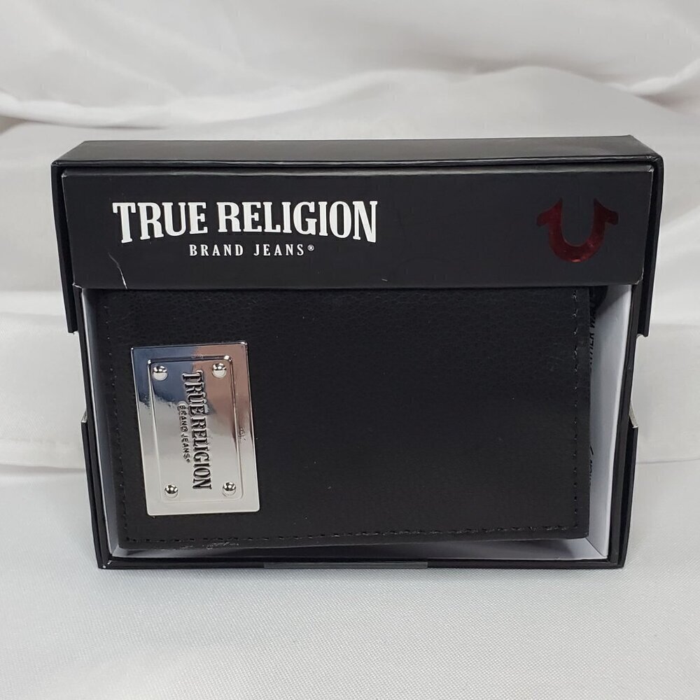 True Religion Mens Black Leather Wallet Trifold RFID Protection & Gift Box